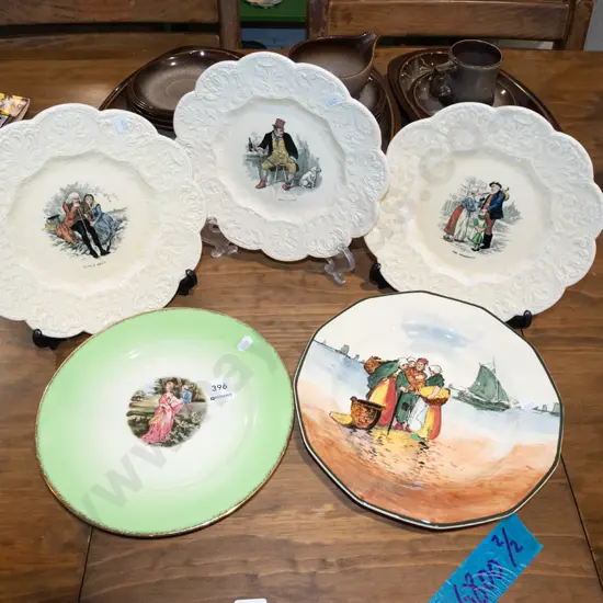 3x Coalport Dickens plates, Crown Lynn romance plate, Royal Doulton plate