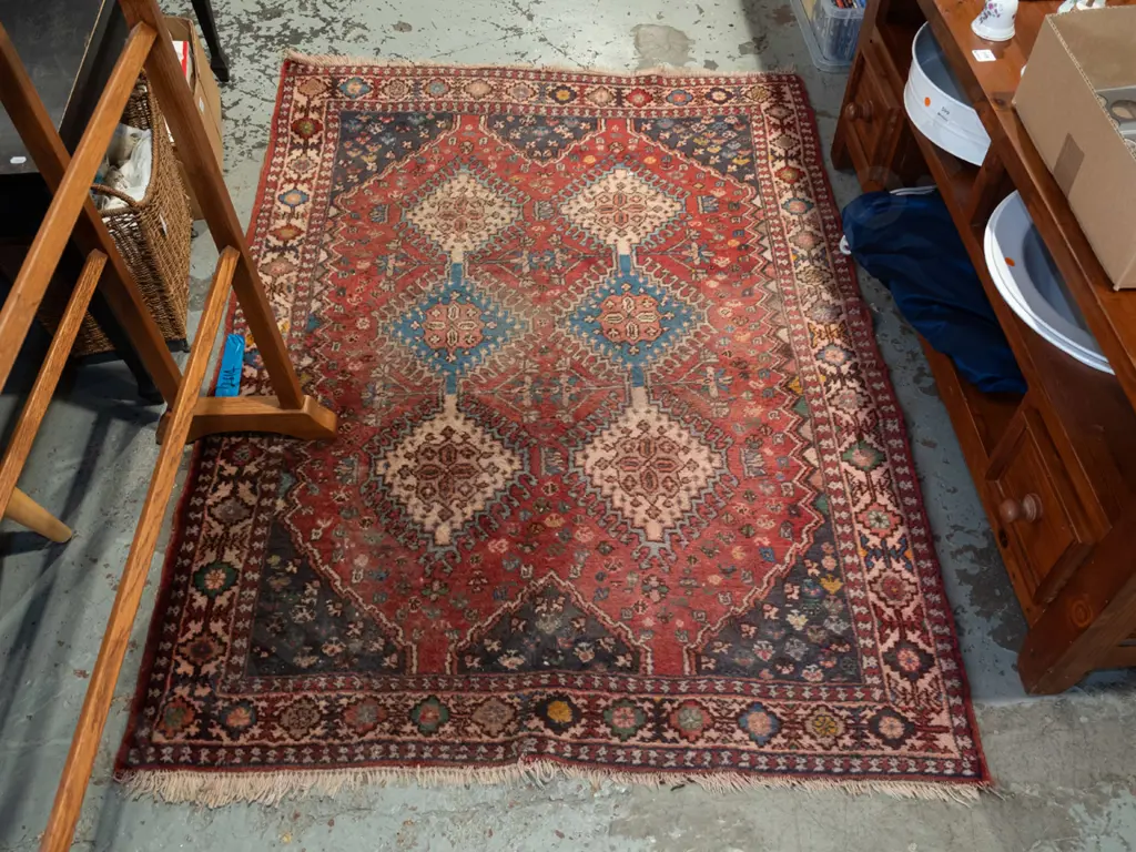 small tufted floor mat - reds, blues - some dye runs, faded L1520 W1110 Image 1++