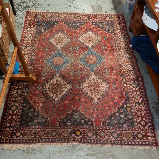 small tufted floor mat - reds, blues - some dye runs, faded L1520 W1110