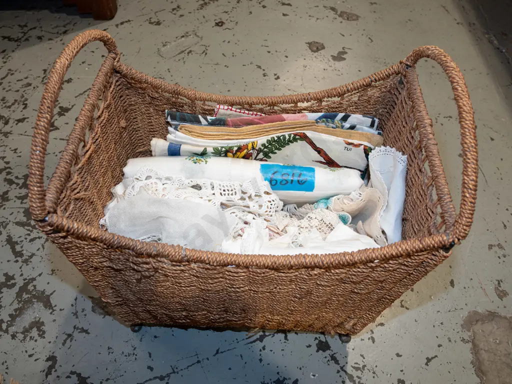 seagrass basket; doilies, tea towels, tablecloths Image 1++