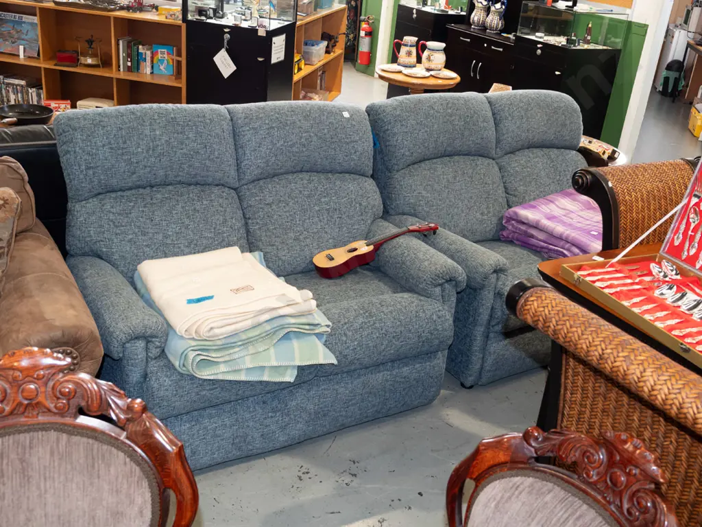 pair of blue/grey upholstered rolled arm 2 seater settees Image 1++
