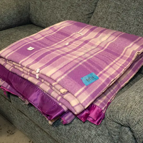 2x purple checked woollen blankets