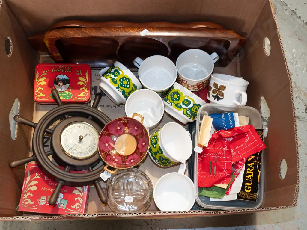 box; wooden serving tray, barometer, cups etc Image 1++
