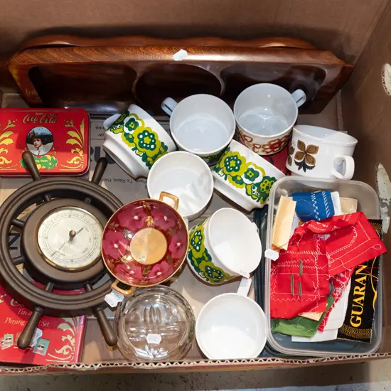 box; wooden serving tray, barometer, cups etc