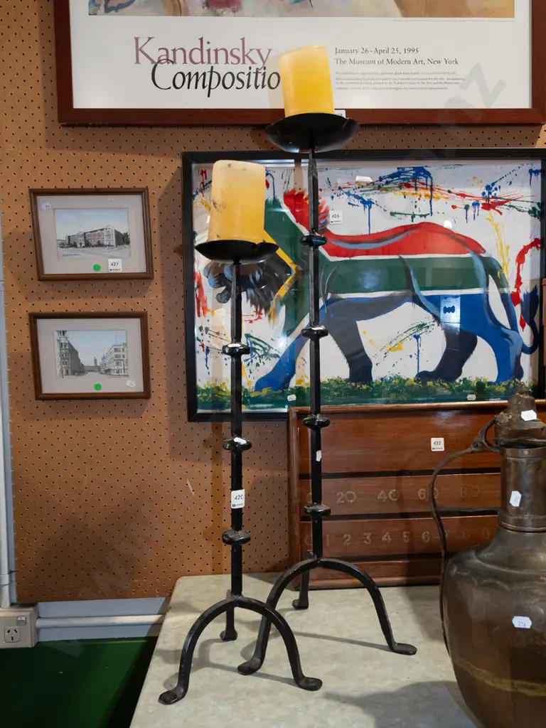 2x wrought metal candlesticks and candles Tallest H780 Image 1++