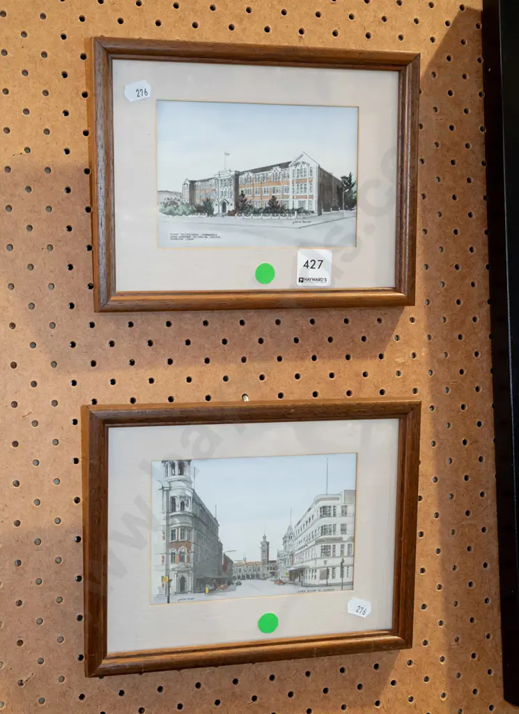 2x framed hand coloured Yvonne Benson prints - Dunedin buildings green dots Image 1++