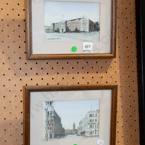 2x framed hand coloured Yvonne Benson prints - Dunedin buildings green dots