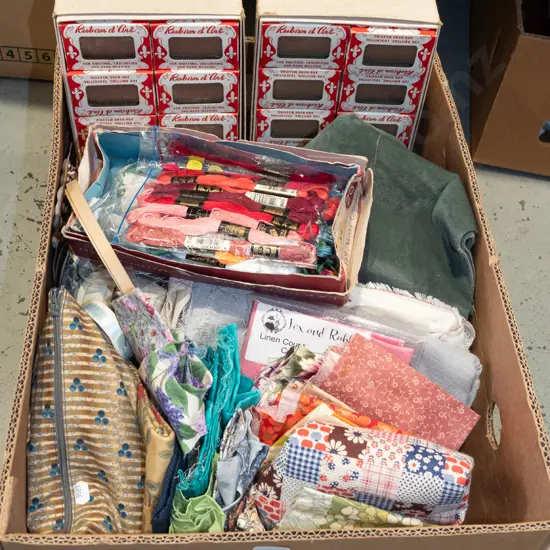 box; sewing threads, patchwork pieces, ribbons etc