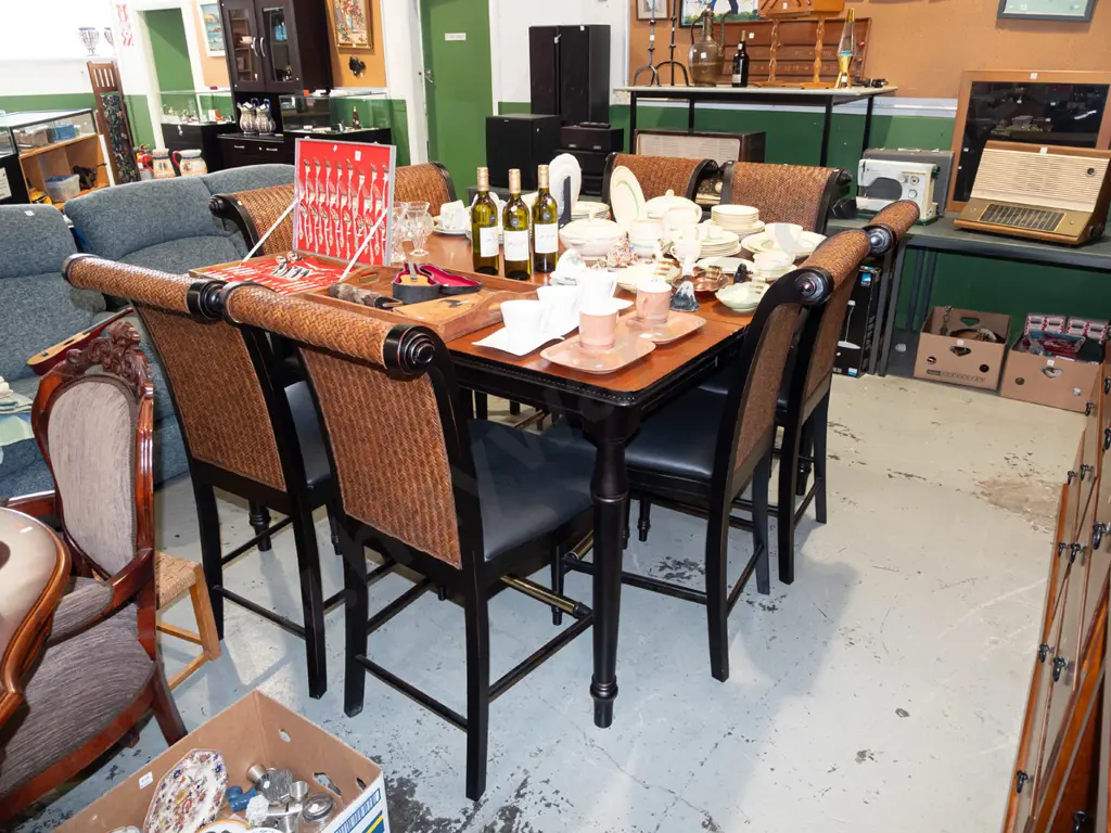 large American style extending dining table with cane back and black vinyl chairs Image 1++