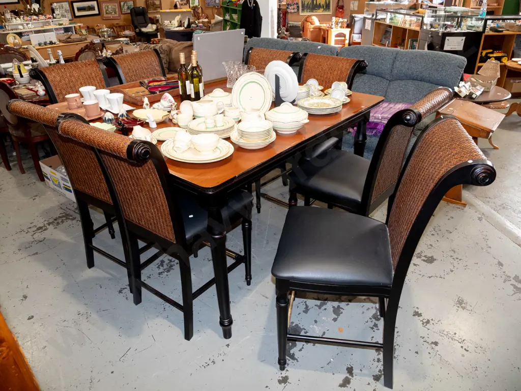 large American style extending dining table with cane back and black vinyl chairs Image 1++