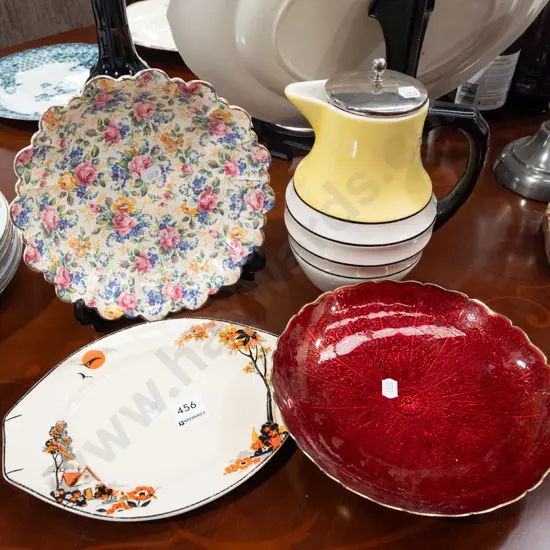 deco jug with plated lid, floral bowls, small Meakin plate etc