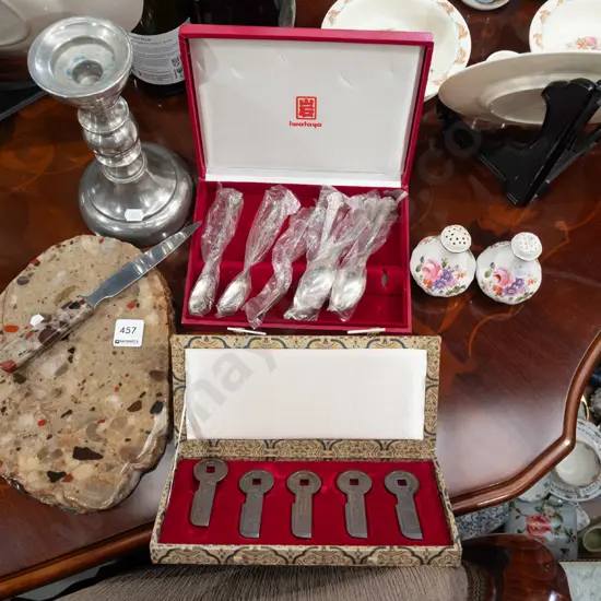 marble cheese board and knife, teapoonsful, candlestick etc H205