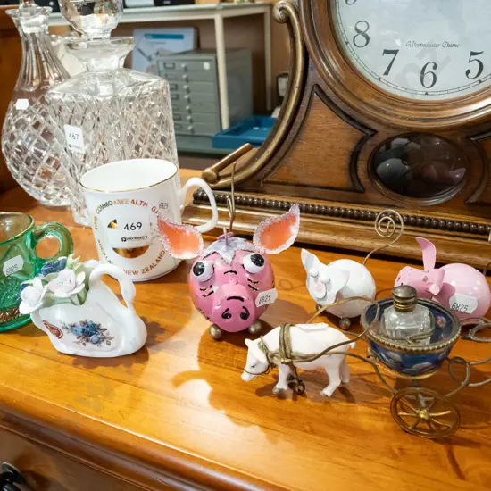 green Dunedin Exhibition glass cup, cup, metal pigs etc