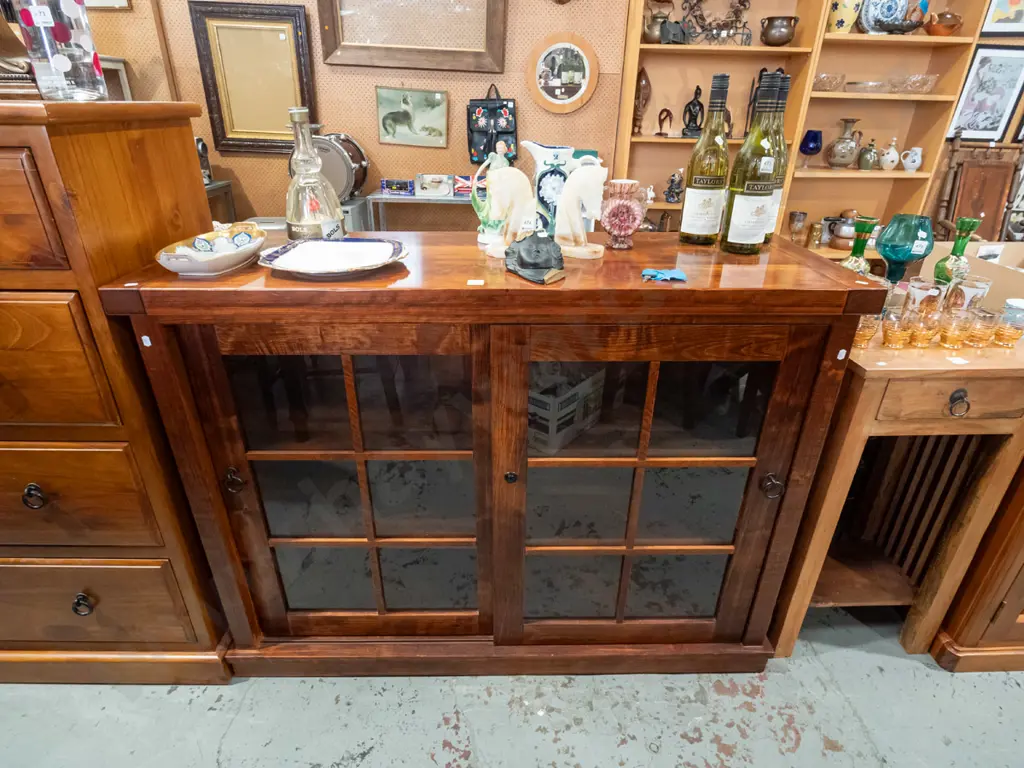 solid pine lockable  2 drawer 2 door sliding cabinet - locked - key in office H910 W1200 D410 Image 1++