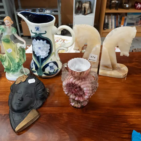 pair of alabaster horse bookends, jug, vase etc Jug H180