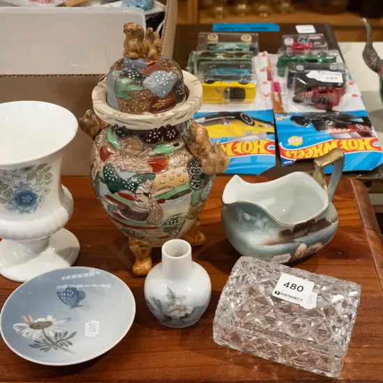 Satsuma style footed temple jar H230, Wedgwood vase, Bayreuth creamer etc