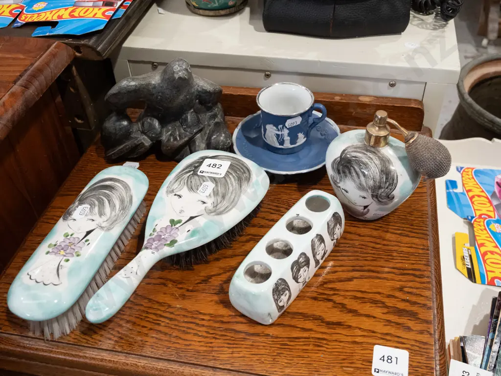 retro ceramic dressing table set, bird figurines, jasperware style cup and saucer Image 1++