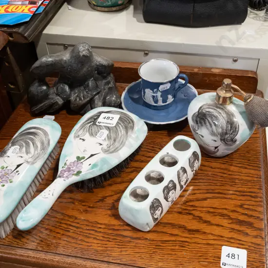 retro ceramic dressing table set, bird figurines, jasperware style cup and saucer
