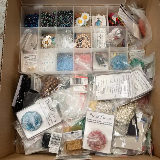 box of various crafter's beads, plastic organiser etc