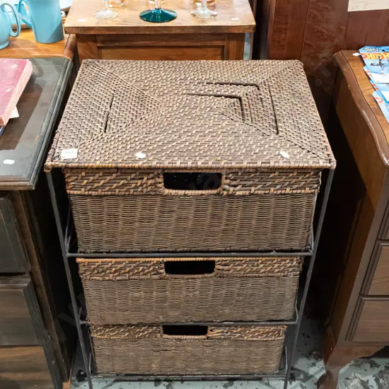 woven cane chest with 3x drawer/baskets H700 W470 D385