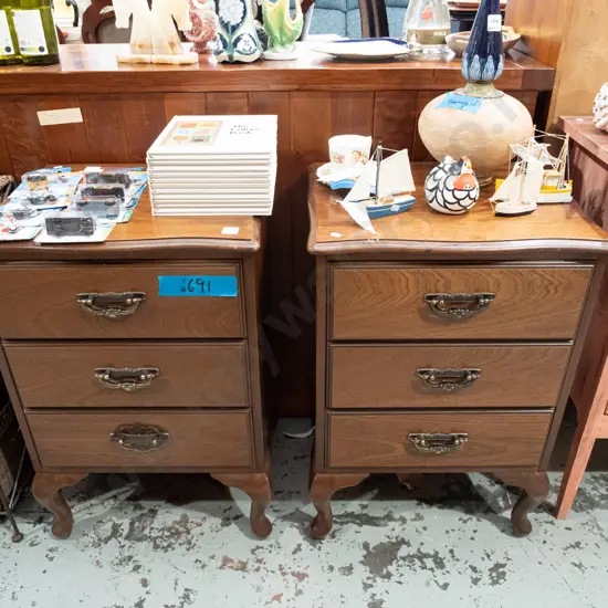 pair of mahogany veneer 3 drawer bedside cabinets