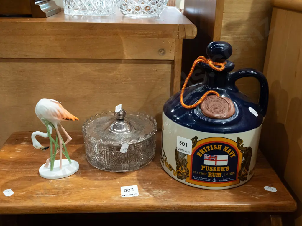 Pusser's rum bottle, lidded trinket box, flamingo ornament Image 1++