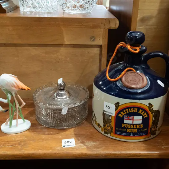 Pusser's rum bottle, lidded trinket box, flamingo ornament
