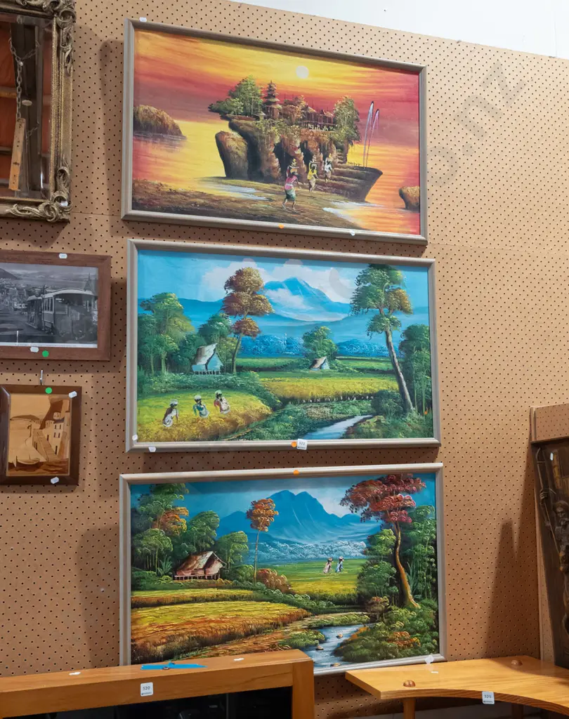 3x oil on boards - Asian landscapes - orange dots Image 1++