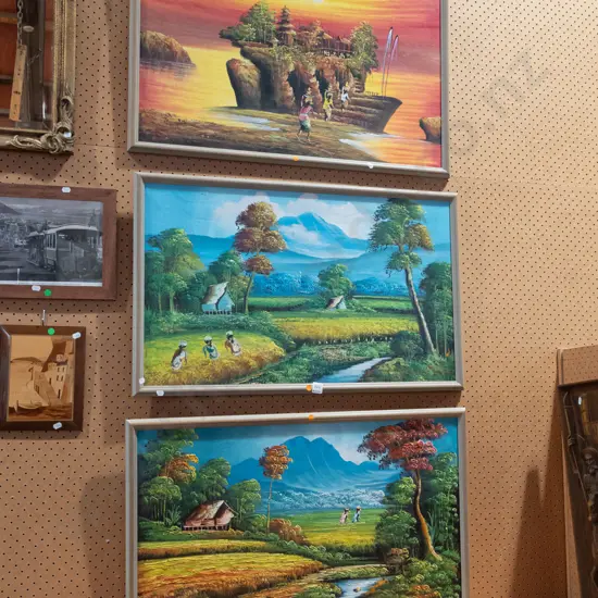 3x oil on boards - Asian landscapes - orange dots