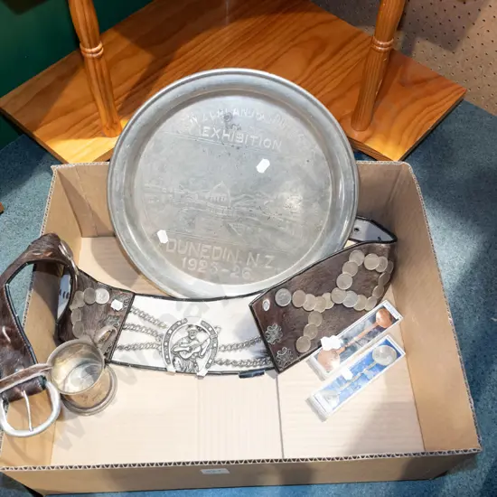 box; Dunedin Exhibition tray, teaspoons, small tankard, ornate animal fur belt