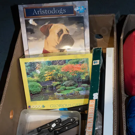 box; puzzles, knives, scrabble