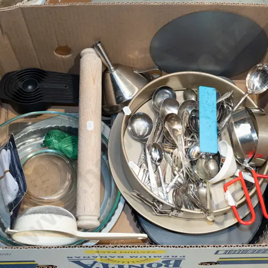 box; cutlery, cake dish, measuring spoons etc