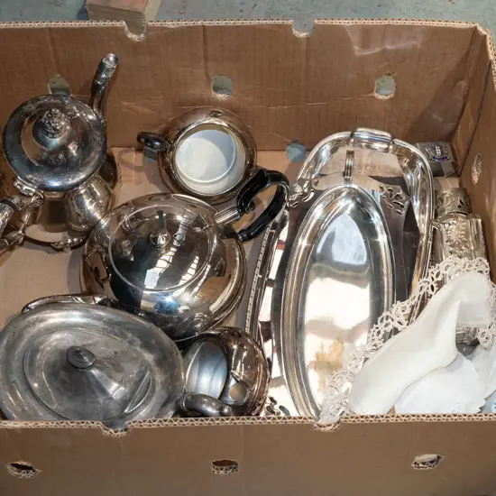 box; plated ware trays, teapots, coffee pots etc