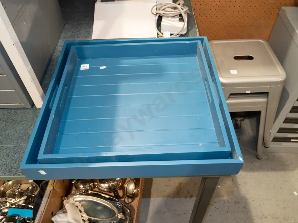 2x blue painted wooden trays Largest L450 W450 Image 1++