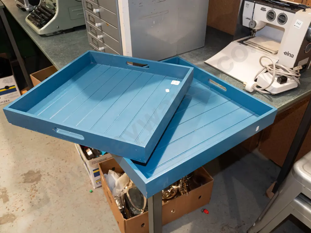 2x blue painted wooden trays Largest L450 W450 Image 1++