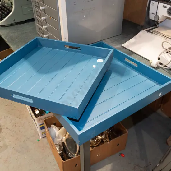 2x blue painted wooden trays Largest L450 W450