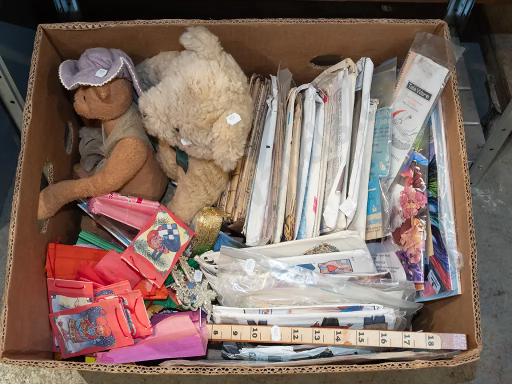 box; teddy bears, sewing patterns, gift bags etc Image 1++