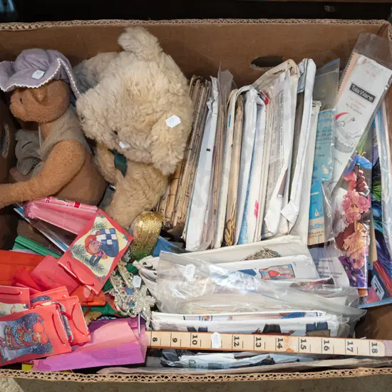 box; teddy bears, sewing patterns, gift bags etc