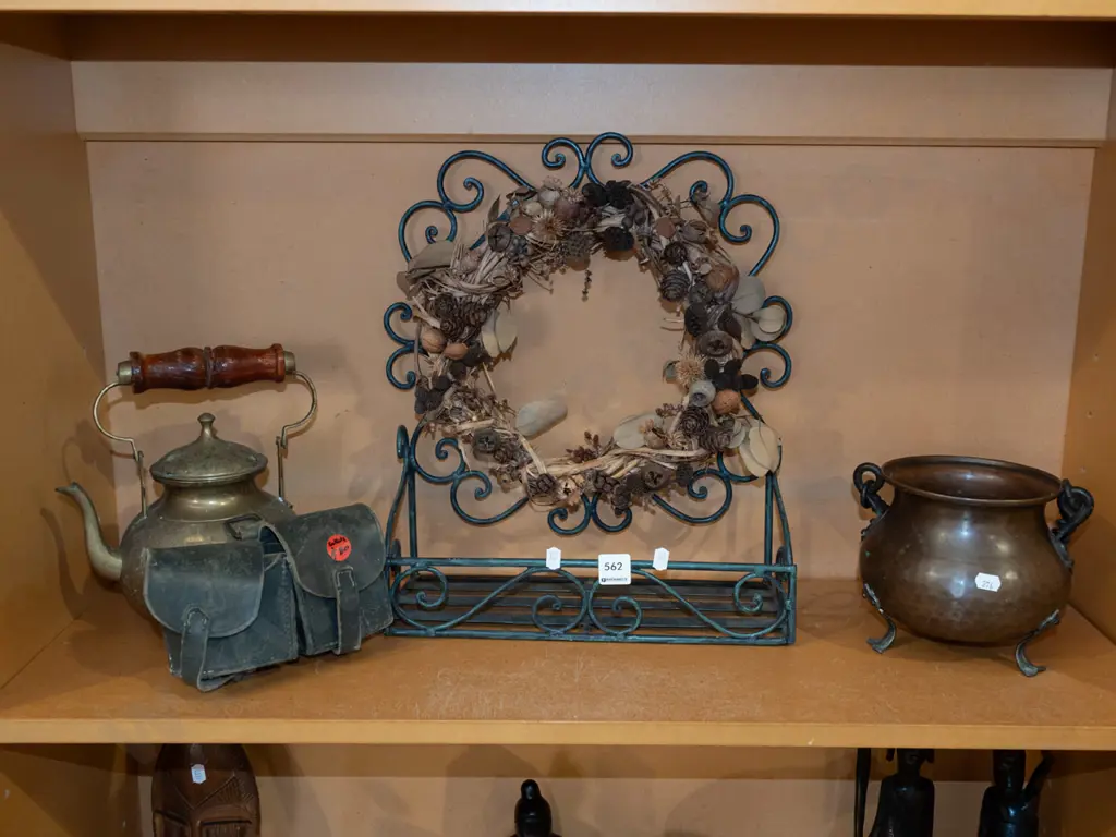 shelf; copper footed jardiniere, brass teapot, wall shelves etc Image 1++