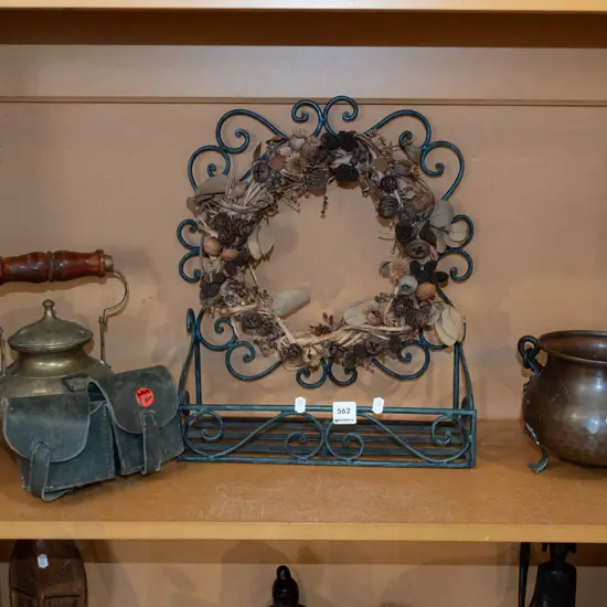 shelf; copper footed jardiniere, brass teapot, wall shelves etc