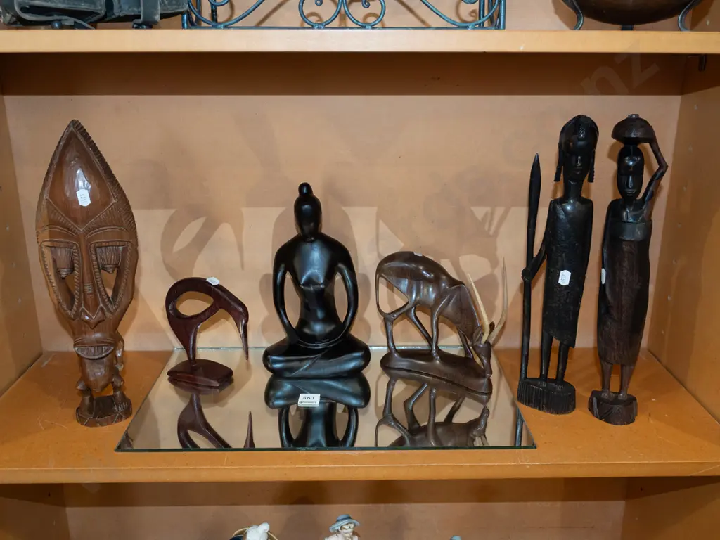 shelf; various wooden ornaments, piece of mirrored glass Tallest H350 Image 1++