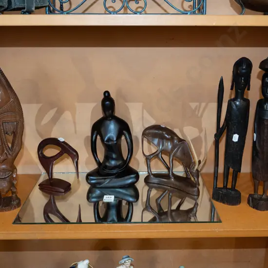shelf; various wooden ornaments, piece of mirrored glass Tallest H350