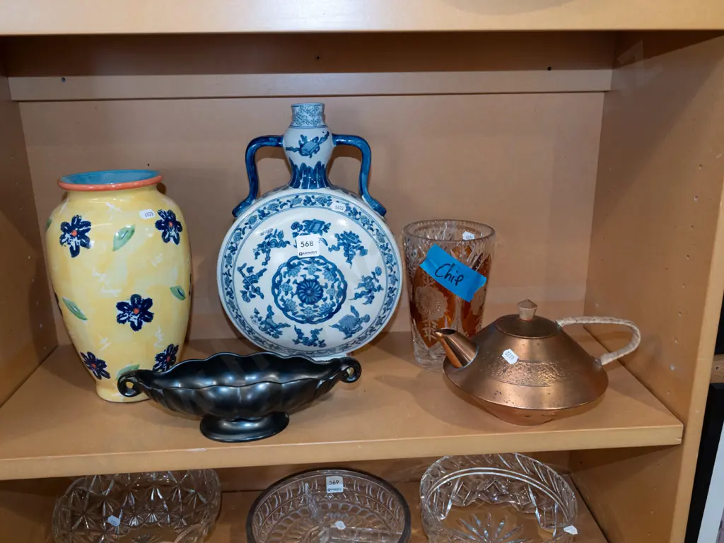 shelf; vases, NZ made copper teapot Tallest vase H330 Image 1++