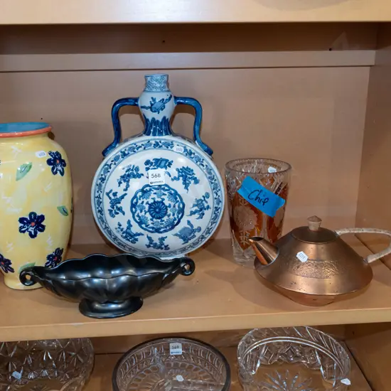 shelf; vases, NZ made copper teapot Tallest vase H330
