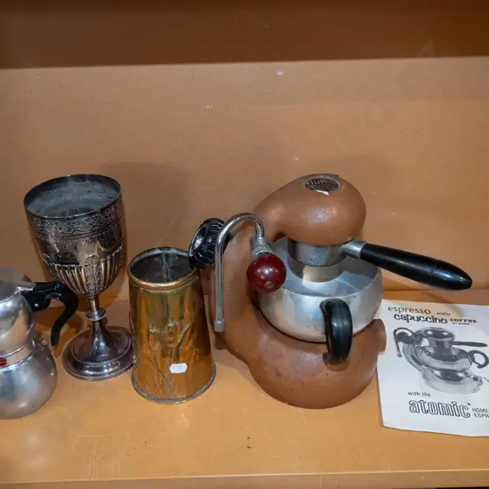 Atomic stove top espresso maker, Signora coffee maker, brass vase etc