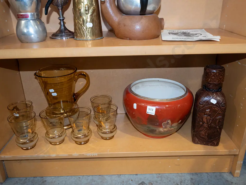 shelf; amber glass water set, Gibsons and Sons Jardiniere, tooled leather stoppered decanter Image 1++