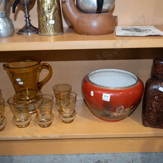 shelf; amber glass water set, Gibsons and Sons Jardiniere, tooled leather stoppered decanter