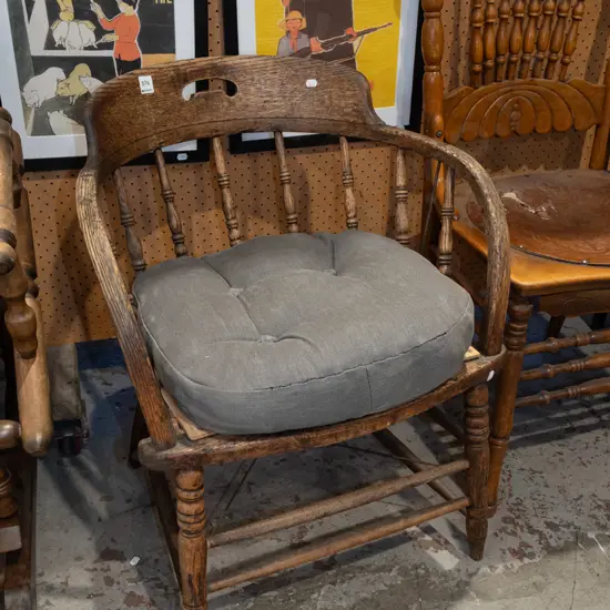 restorer's oak spindle back tub chair - ratty cushion
