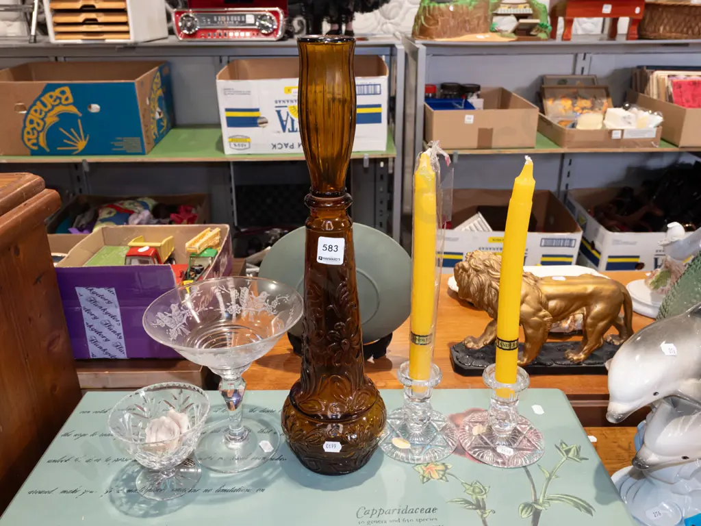 retro amber glass bottle H430, candlesticks, candles etc Image 1++