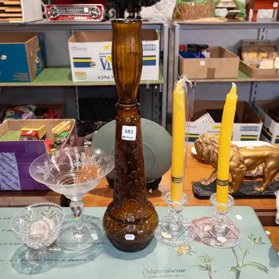 retro amber glass bottle H430, candlesticks, candles etc